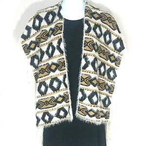 Southwest Ruana Wrap Poncho Blanket Shawl Fringe Black Tan Ivory XL NWT